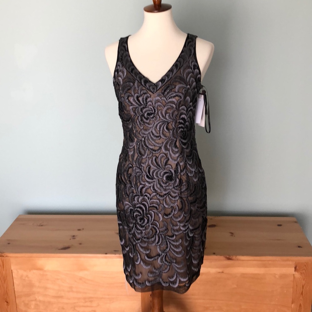 Sue Wong charcoal grey beaded cocktail dress